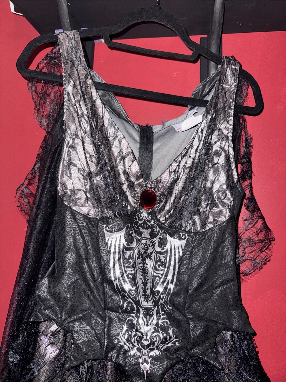 Dark Vampire Countess Costume Black and Silver Gothic Lace Evening Dress - Picture 2 of 5